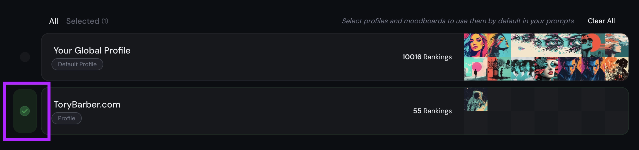 Set default style profile in Midjourney's Personalize page